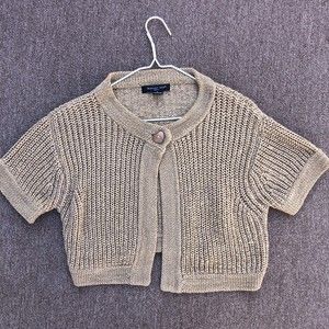 August Silk chunky knit crop cardigan tan cottagecore lagenlook short sleeve S